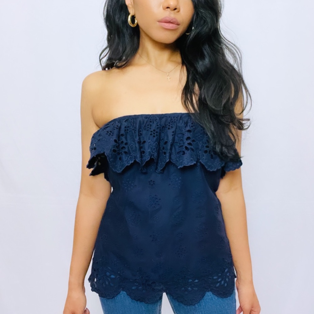 Milly | Blue 100% Cotton Eyelet Lace Ruffle Strapless Top with Scalloped Hem  4 - Picture 11 of 12